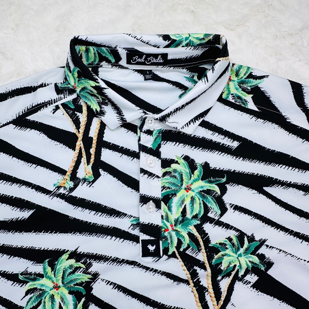 Bad Birdie Mens Zebra Palm Tree Golf Polo Shirt White Black Green Large - Picture 3 of 9